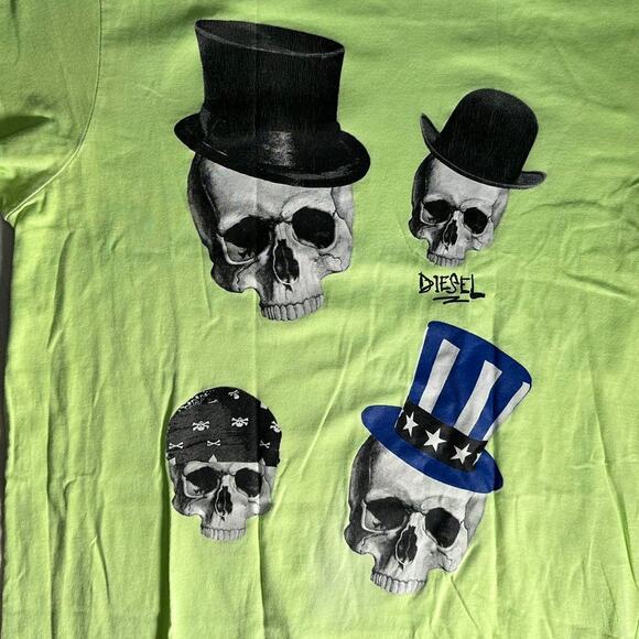 Diesel 100% Cotton Neon Tee with 4 Skulls in Hats Graphic - Size L/XL - Picture 2 of 6